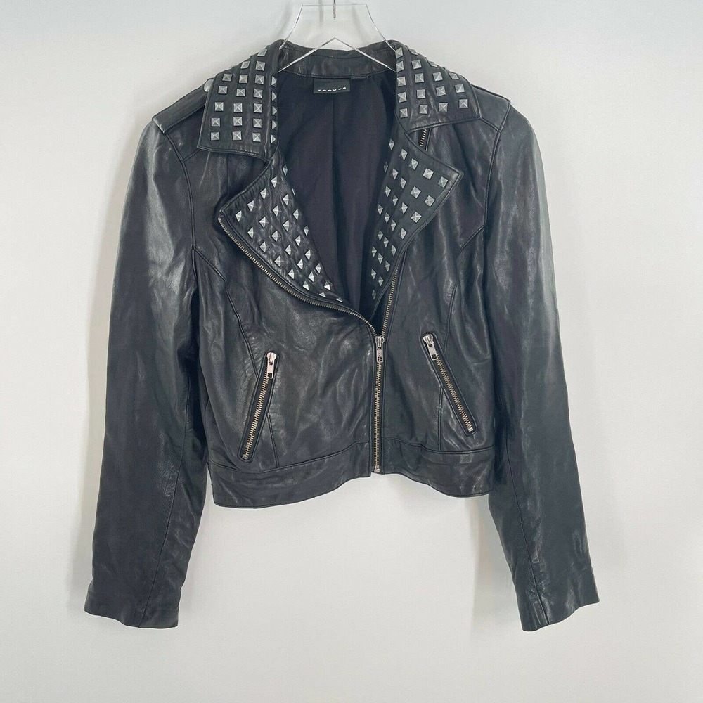 Trouve Leather Jacket Black Studded Moto Zip Biker